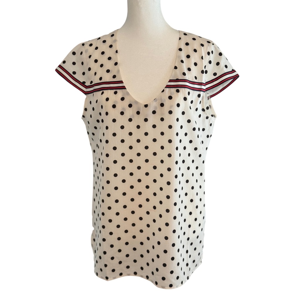 Ciminy Paris Womens Polka Dot V-Neck Cap Sleeve Blouse White Black Medium